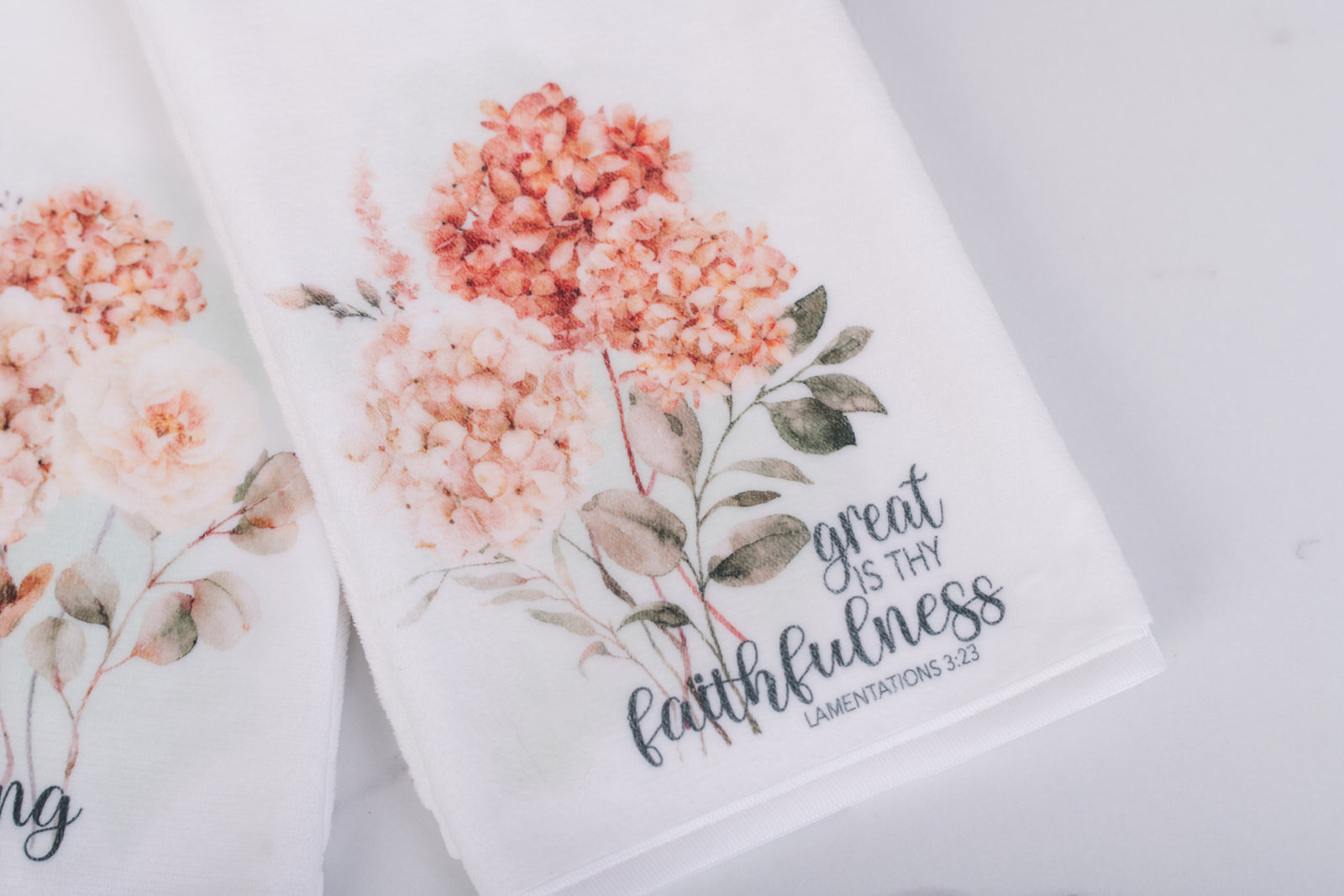 Spicy Floral scripture hand towel with “Great is Thy Faithfulness” verse
