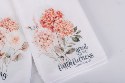 Spicy Floral scripture hand towel with “Great is Thy Faithfulness” verse