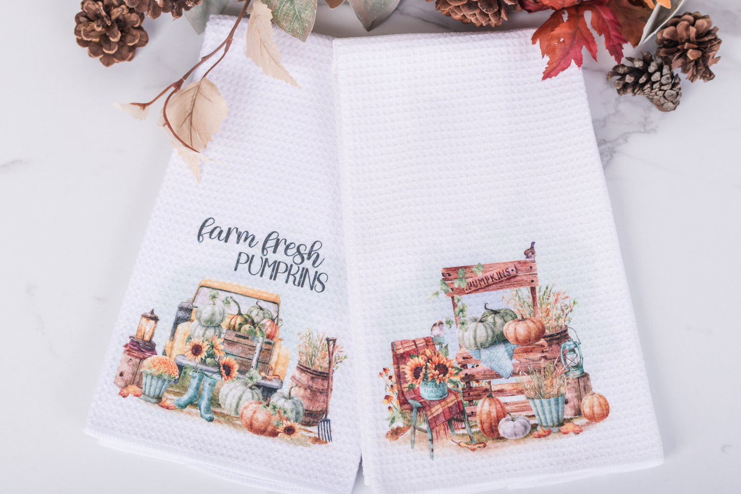 Pumpkin Patch Collection tea towels with fall farm truck and market stand artwork