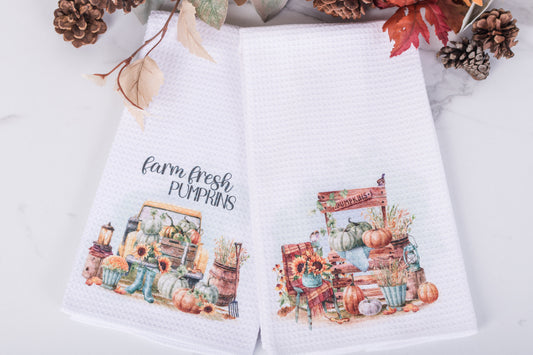 Pumpkin Patch Collection tea towels with fall farm truck and market stand artwork
