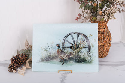 Heritage Collection glass cutting board with pheasant watercolor artwork