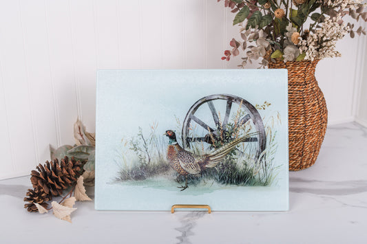 Heritage Collection glass cutting board with pheasant watercolor artwork