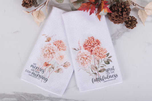 Christian fall kitchen towel with warm watercolor florals