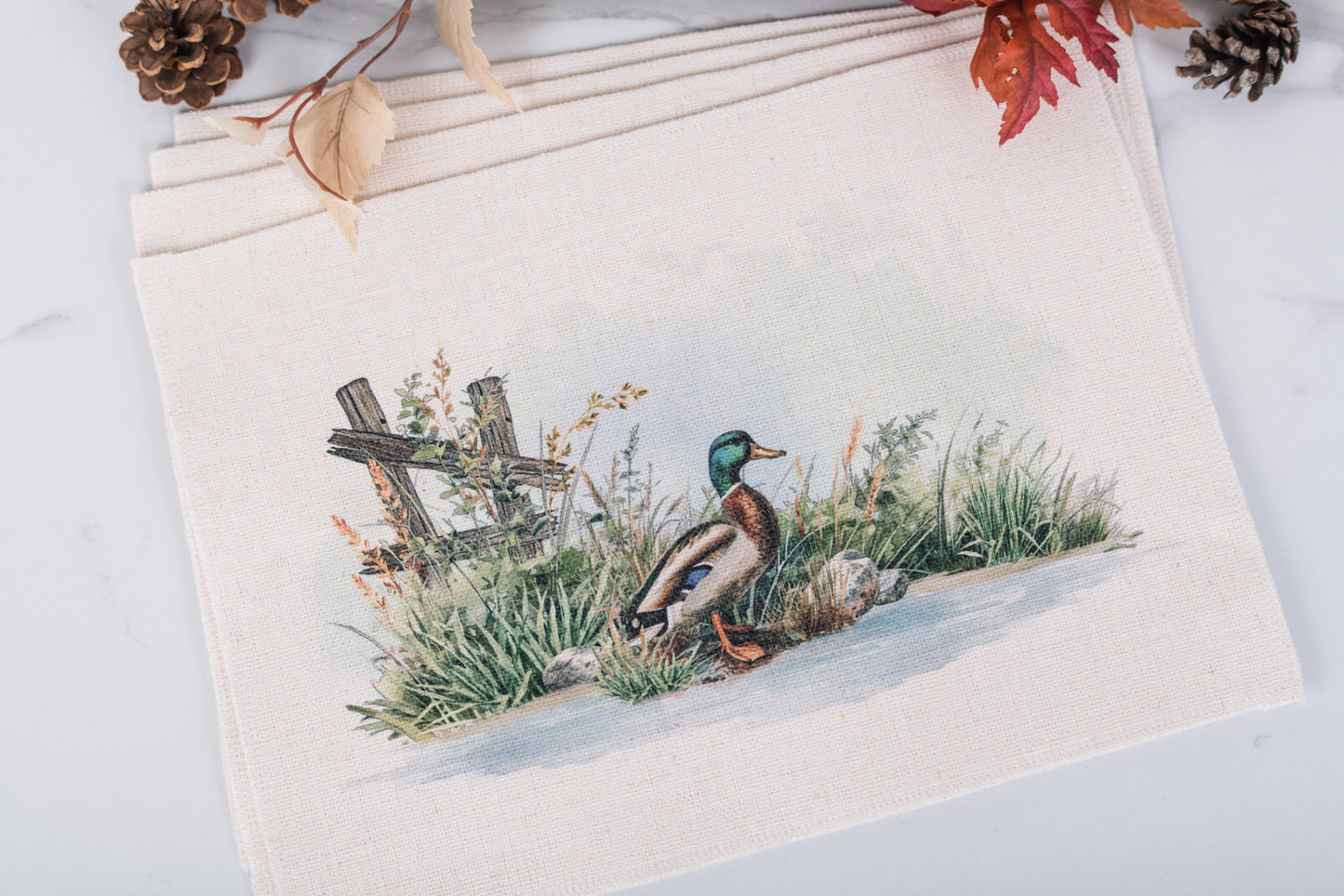 Rustic farmhouse placemats featuring grouse and mallards