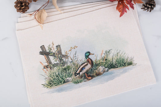 Rustic farmhouse placemats featuring grouse and mallards