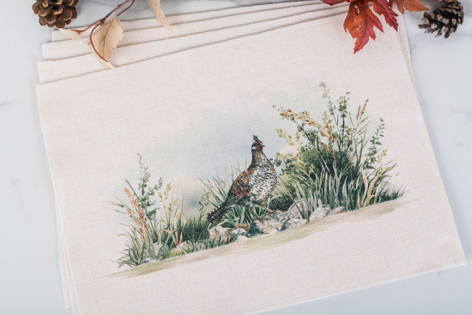 . Wildlife artwork placemat set with pheasant and countryside design