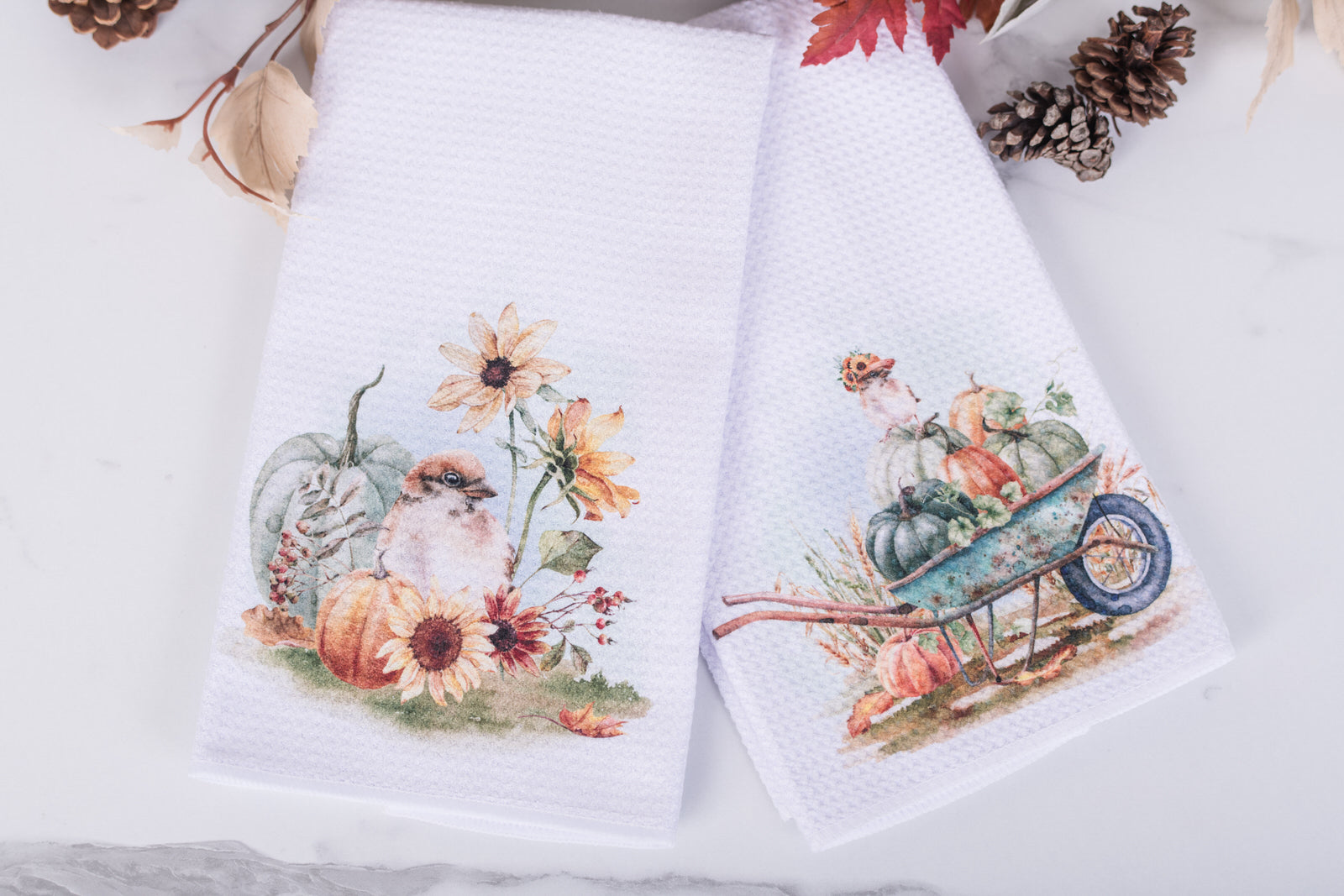 Autumn tea towels with watercolor bird, florals, and pumpkin harvest designs