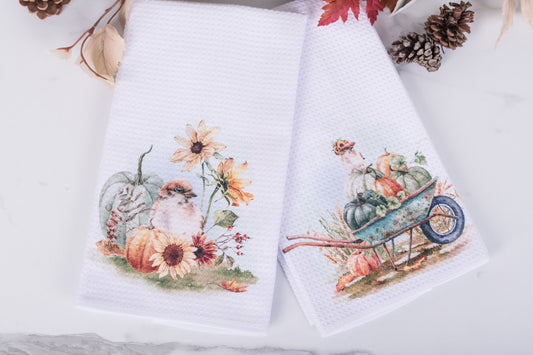 Autumn tea towels with watercolor bird, florals, and pumpkin harvest designs