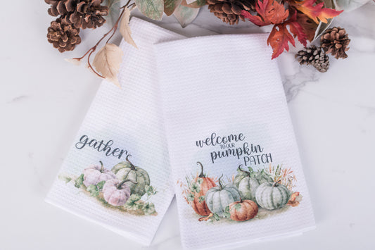 Pumpkin Patch Collection tea towels with gather and welcome designs