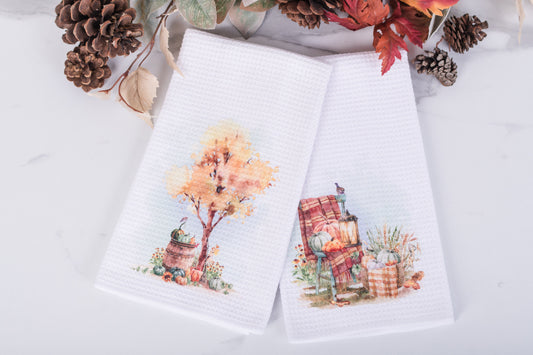 Pumpkin Patch Tea Towels – Autumn Tree / Cozy Chair with Lantern