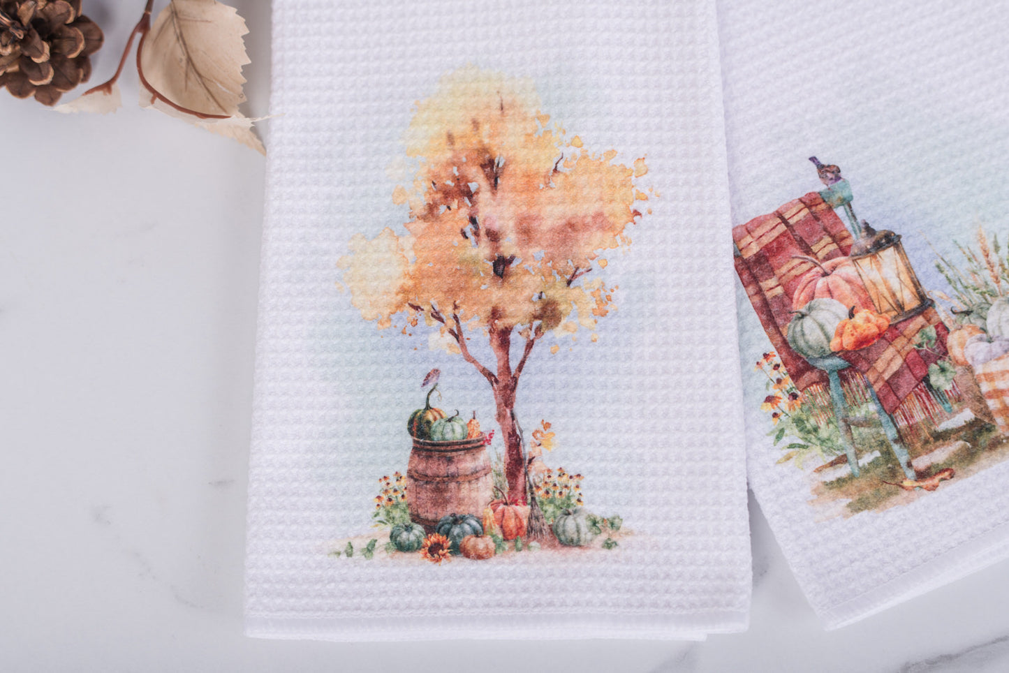 Pumpkin Patch Tea Towels – Autumn Tree / Cozy Chair with Lantern