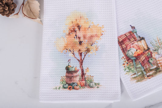 Pumpkin Patch Tea Towels – Autumn Tree / Cozy Chair with Lantern