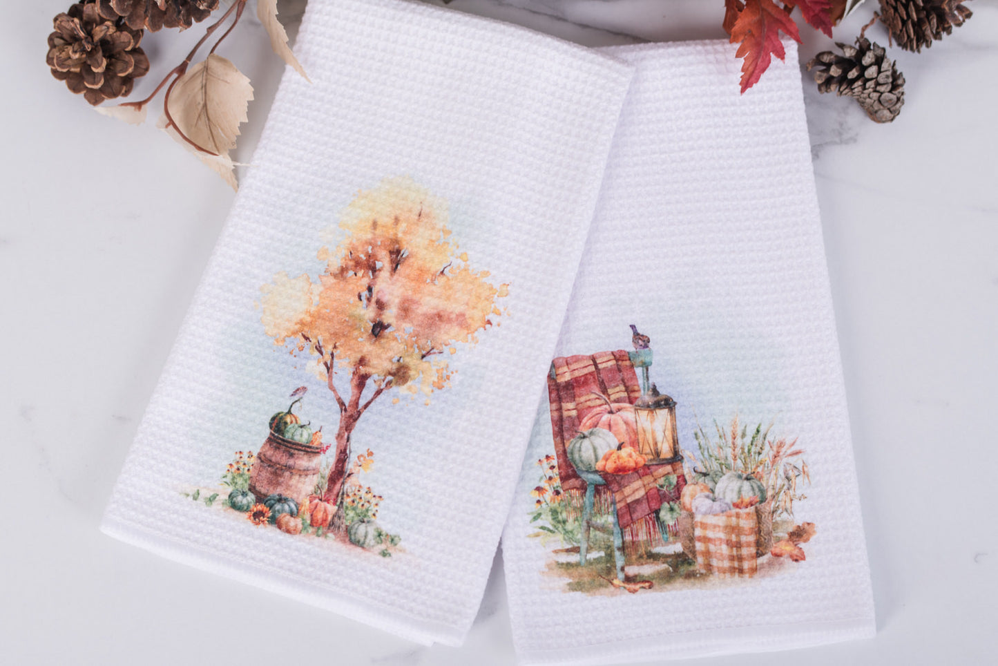 Pumpkin Patch Tea Towels – Autumn Tree / Cozy Chair with Lantern