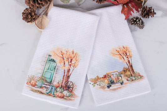 Pumpkin Patch Collection tea towels with farmhouse door and autumn truck harvest designs