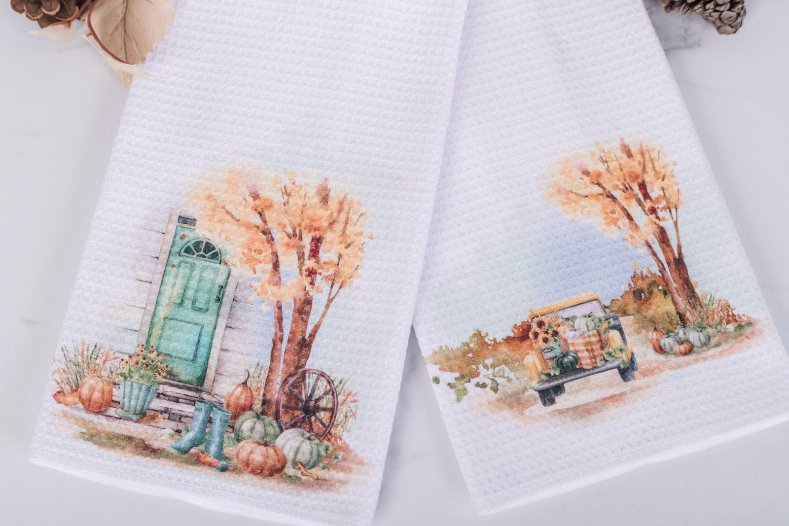Fall kitchen towels featuring rustic farmhouse entryway and cozy autumn truck
