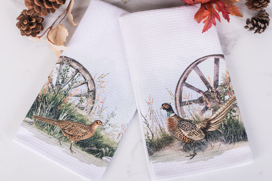 Heritage Collection tea towel with pheasant and rustic wagon wheel design