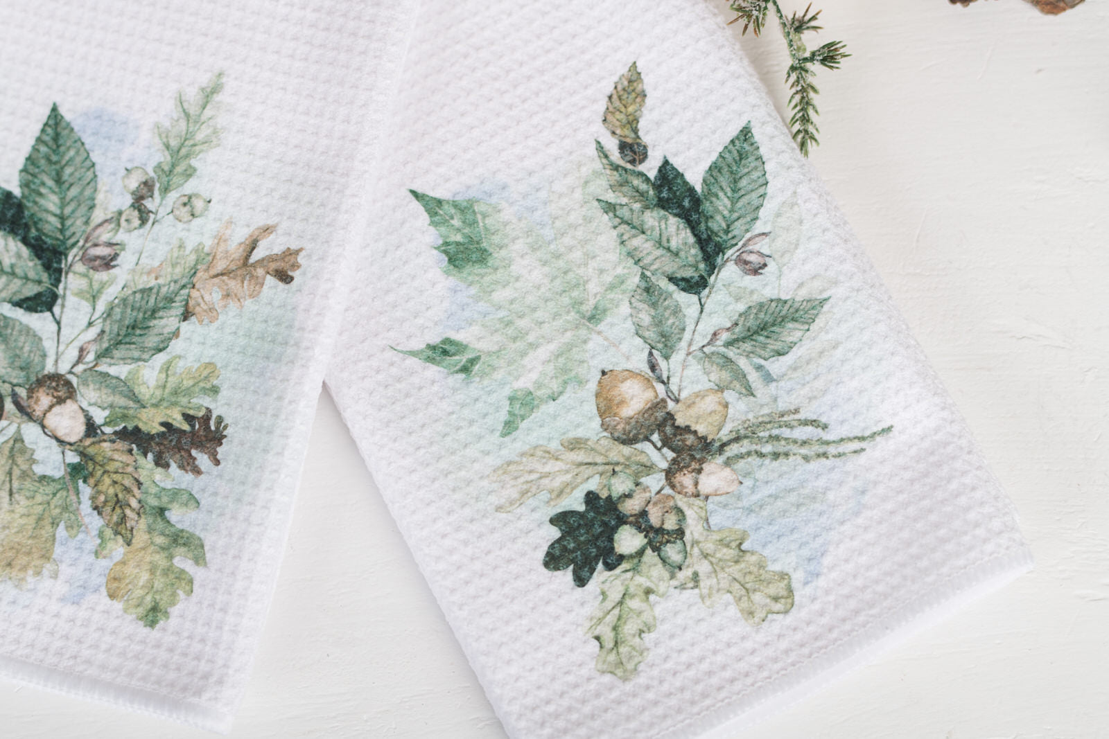 Neutral fall tea towels with watercolor  leaves and acorns