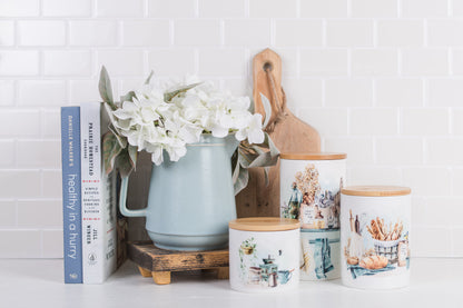 Country Kitchen 3-piece ceramic canister set on kitchen counter