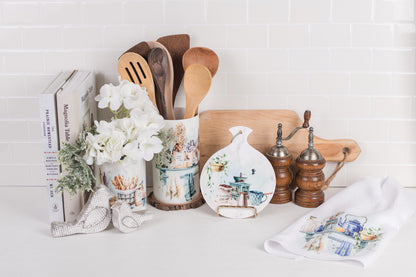 Ceramic spoon rest with watercolor coffee bar and vintage kitchen tools