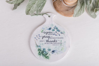 Round spoon rest with watercolor pine, berries, and scripture