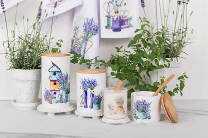 Set of ceramic canisters with watercolour lavender and plants