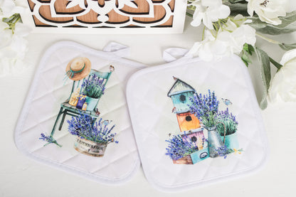 Lavender themed potholders surrounded by white flowers 