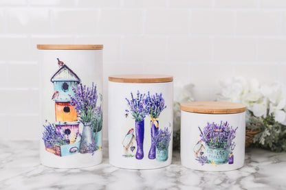 Set of ceramic canisters with watercolour lavender 