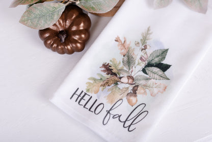 Soft Woodland hand towel with watercolor artwork on white surface