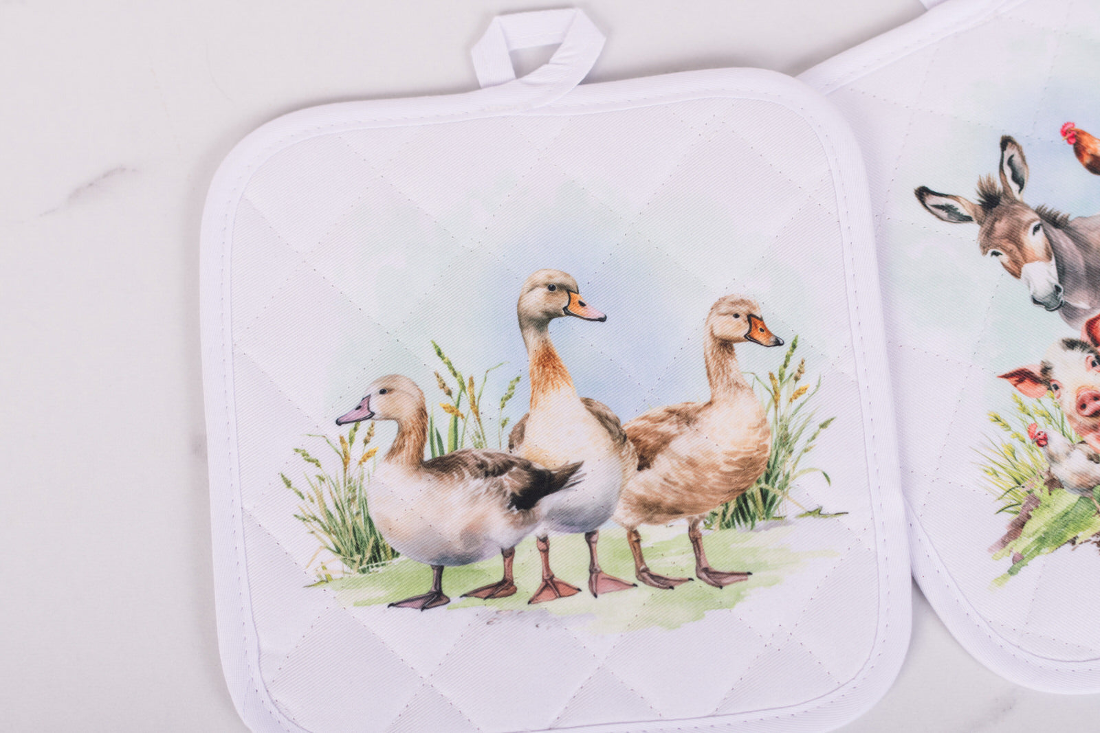 Set of pot holders with duck design on a white background