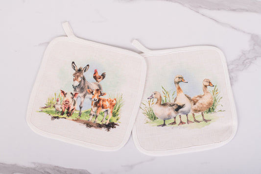 Linen potholders with farm animal artwork from the Homestead Collection