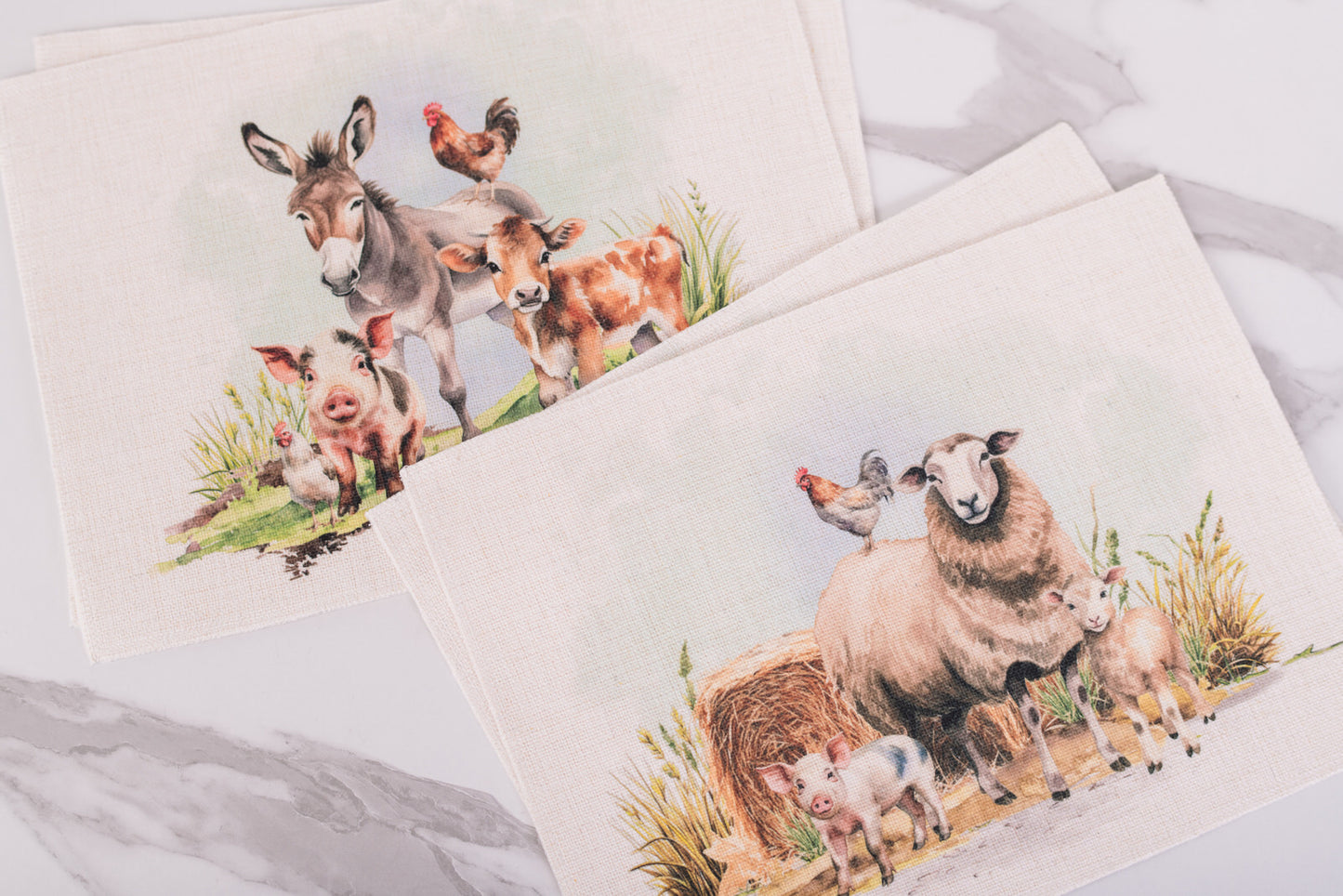 Country kitchen placemats set of 4 with coordinating barnyard animal watercolor artwork