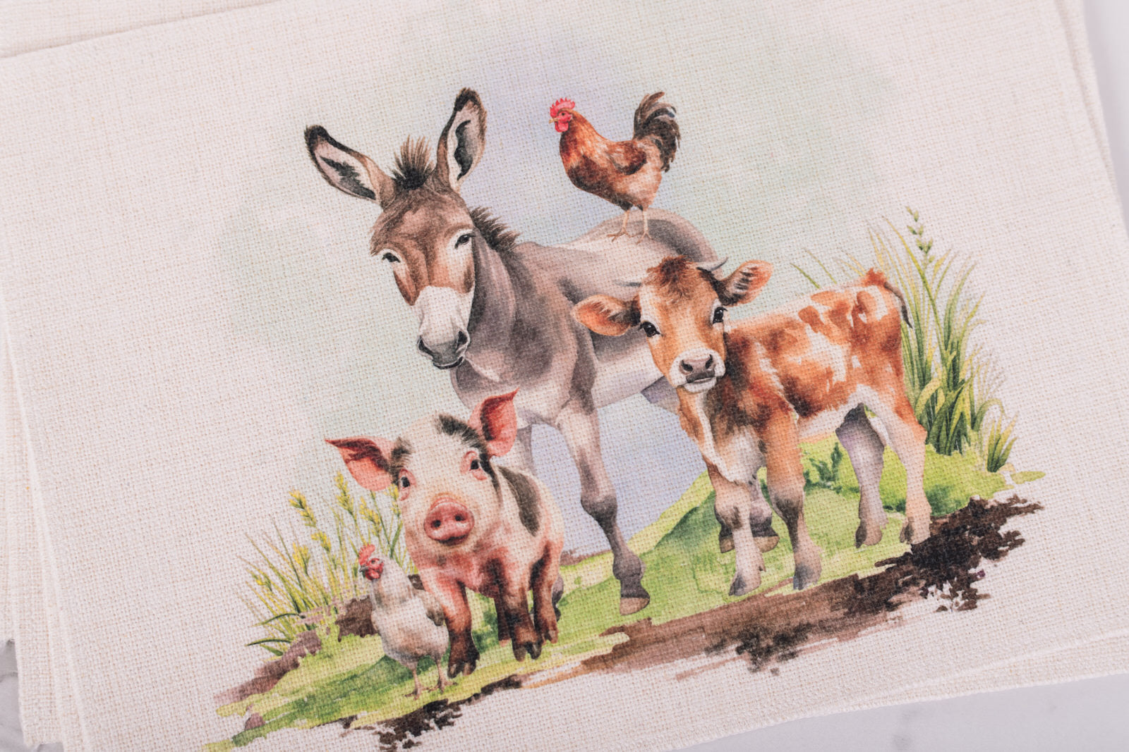 Illustration of a donkey, cow, pig, and chickens on a grassy path.