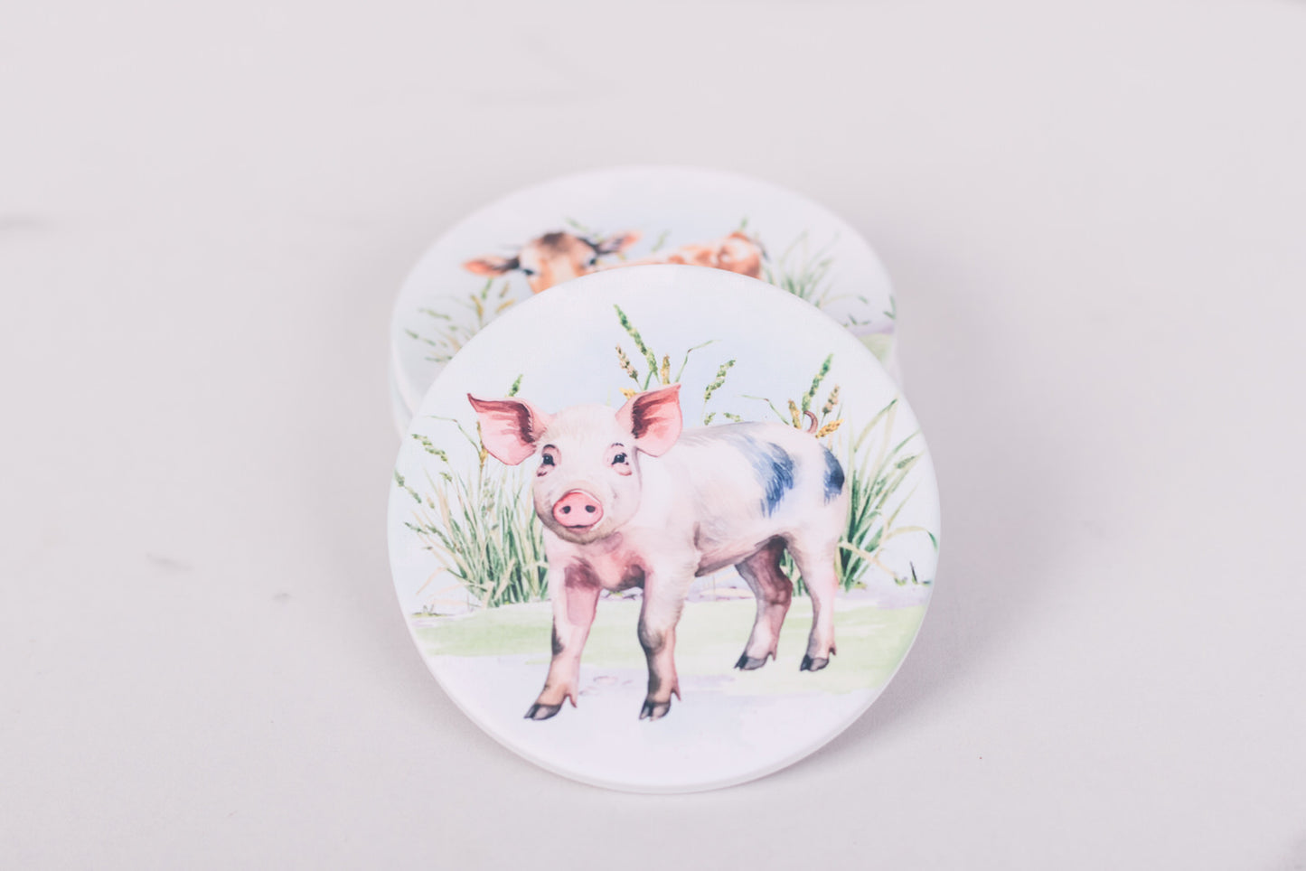 Round ceramic coaster with a pig design on a light gray background
