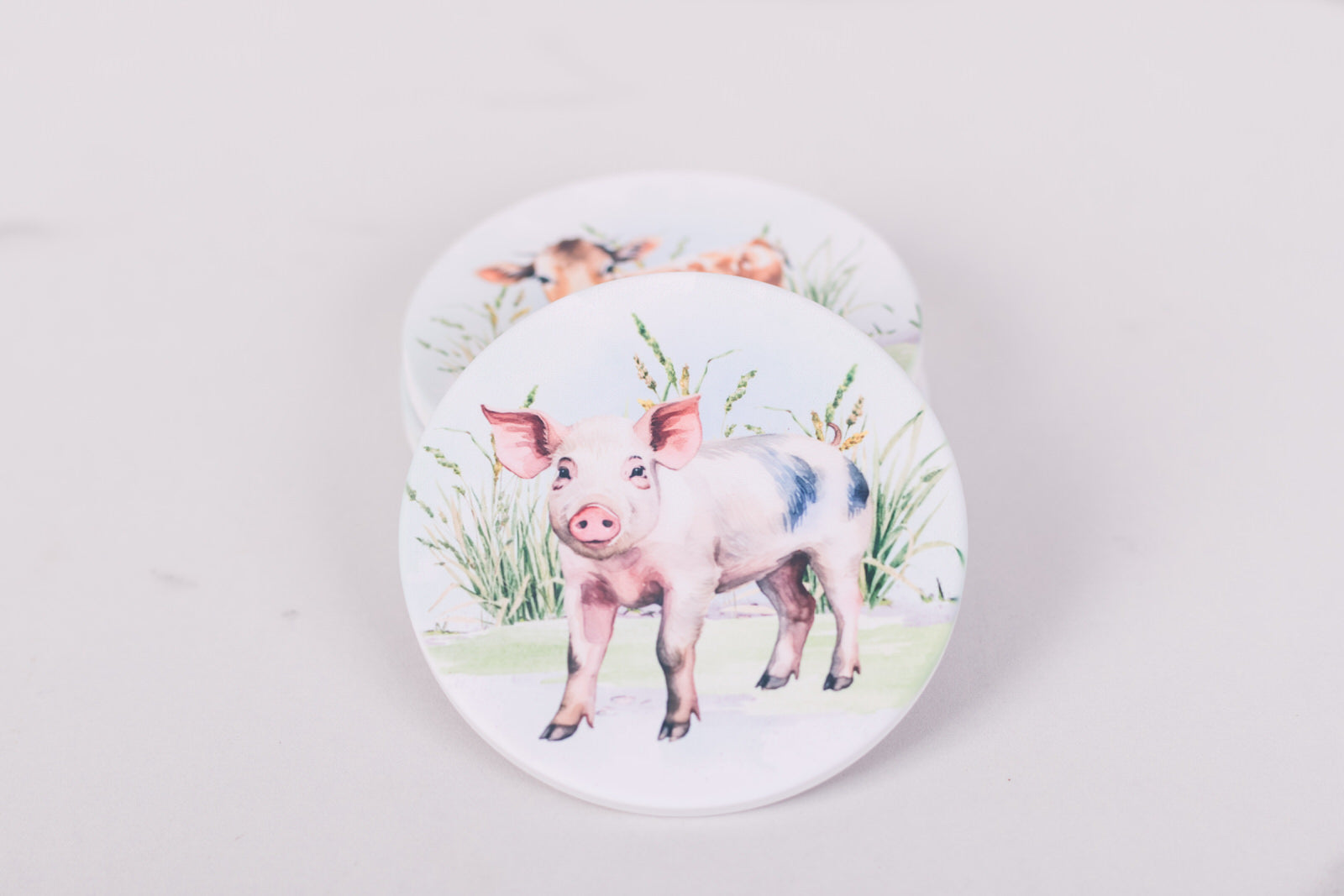 Round ceramic coaster with a pig design on a light gray background