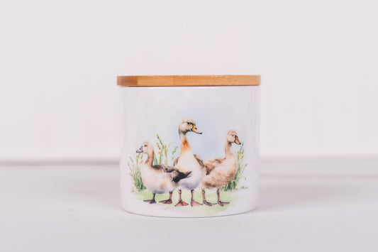 Ceramic jar with wooden lid featuring illustrations of ducks on a white background