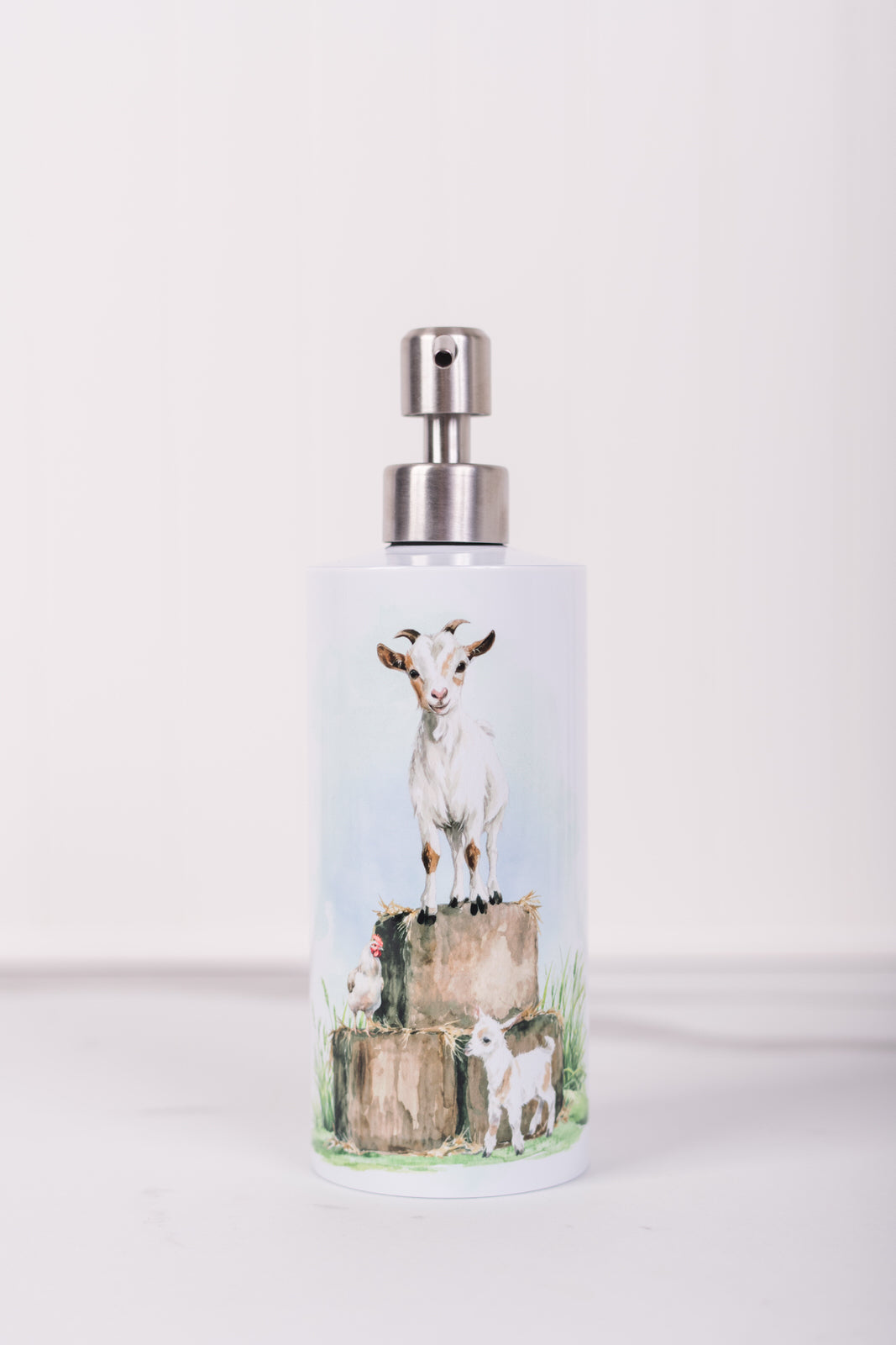 Farmhouse soap dispenser for kitchen or bathroom featuring farm animals