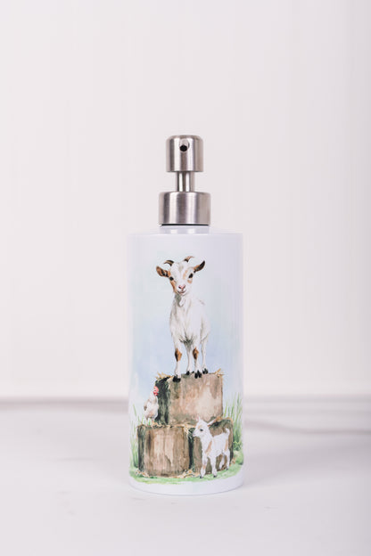 Farmhouse soap dispenser for kitchen or bathroom featuring farm animals