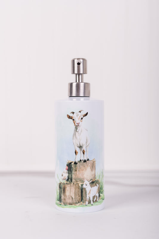 Farmhouse soap dispenser for kitchen or bathroom featuring farm animals