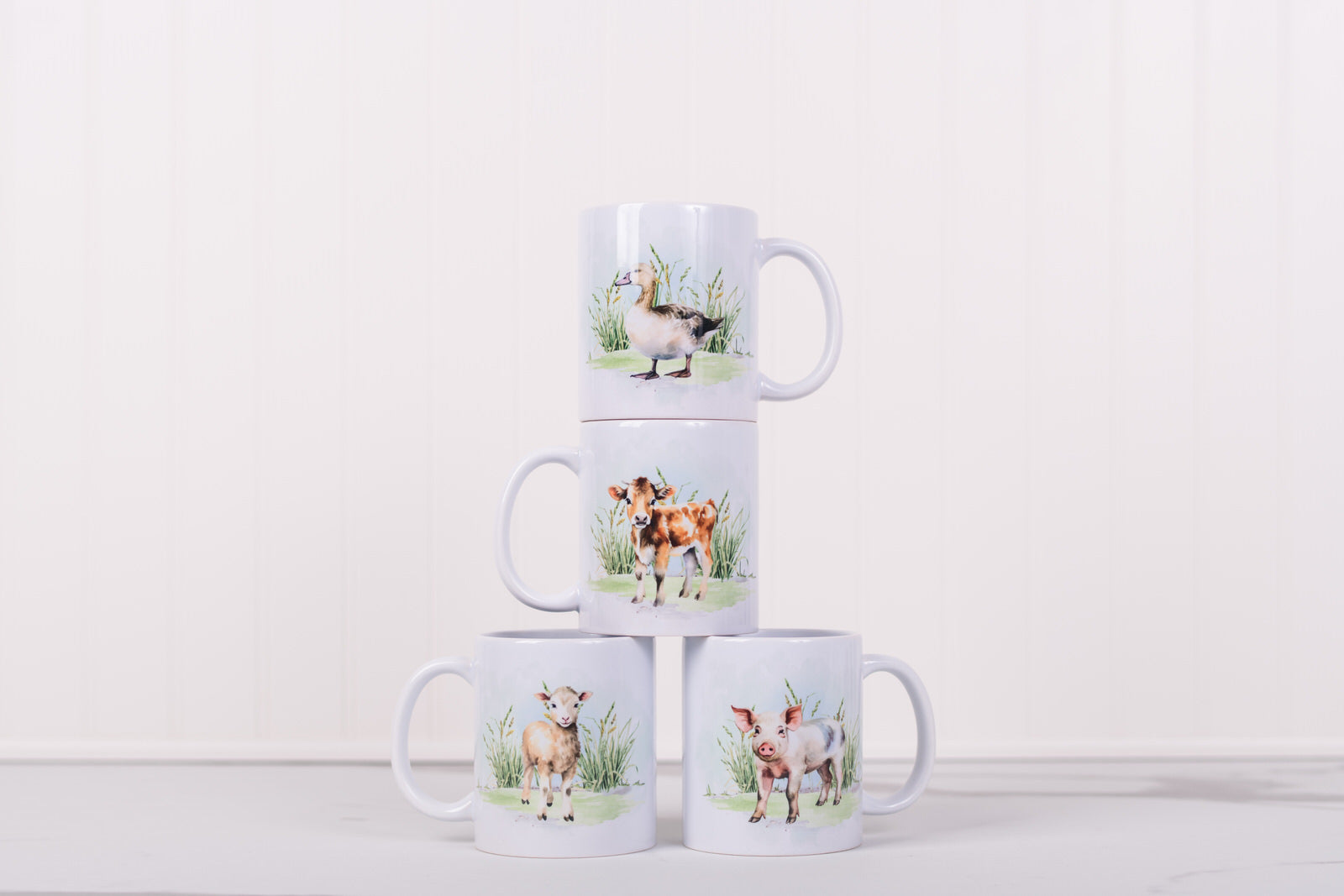 Homestead Collection barnyard animal coffee mugs with calf lamb pig and duck