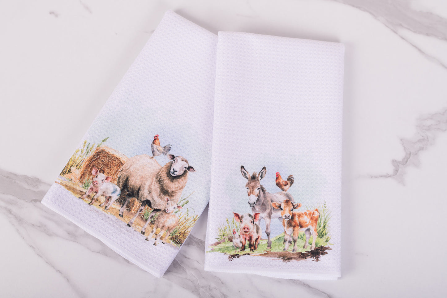 Farmhouse barnyard tea towels from the Homestead Collection