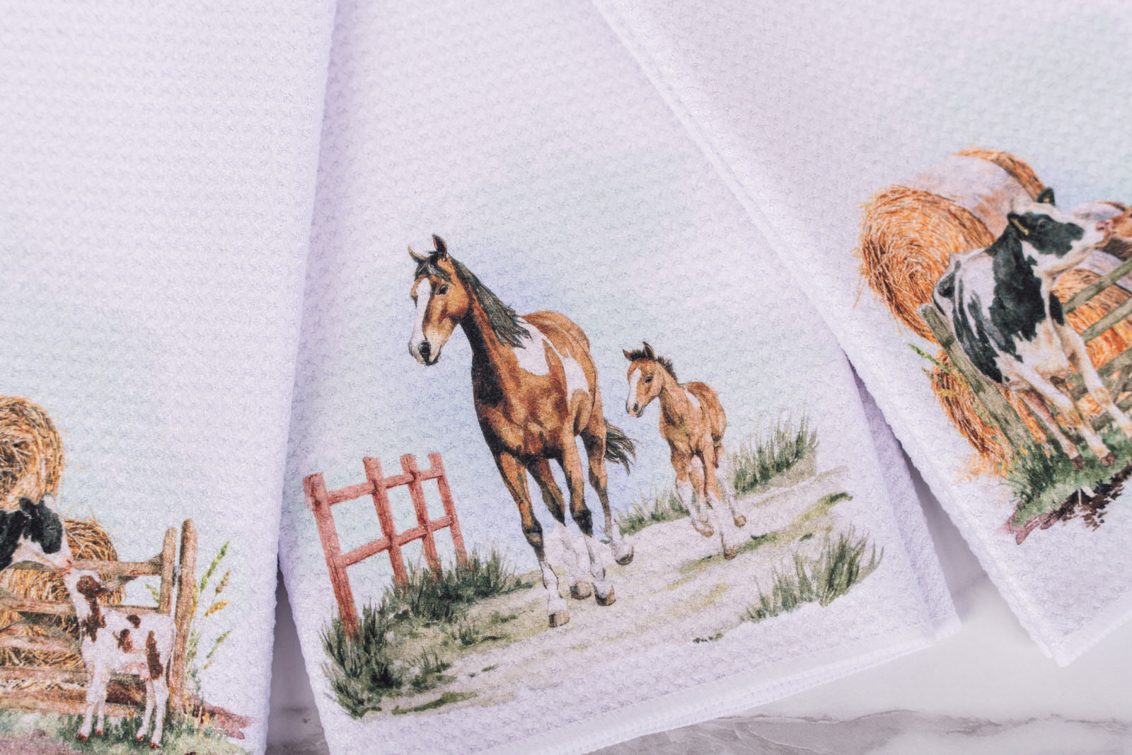 Farmhouse kitchen tea towel with horse and foal design