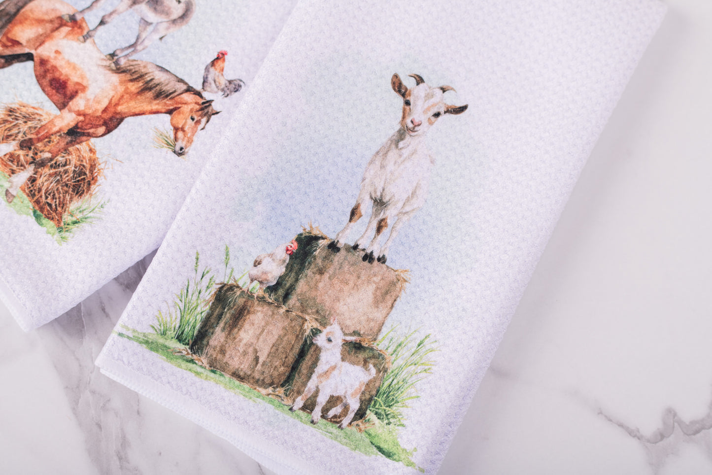 Farmhouse kitchen tea towel with stacked farm animals