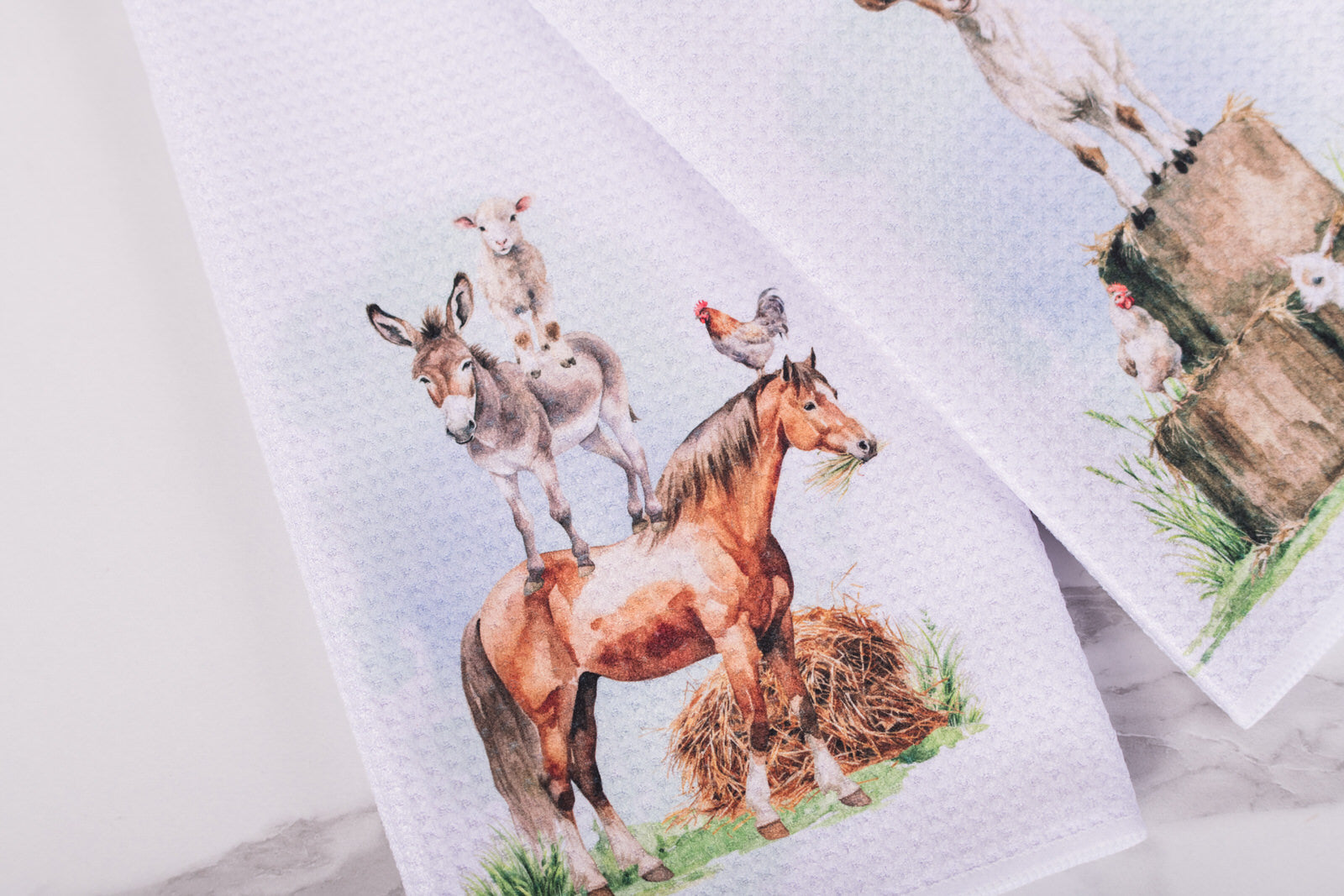 Homestead farm animal stack tea towel with horse design