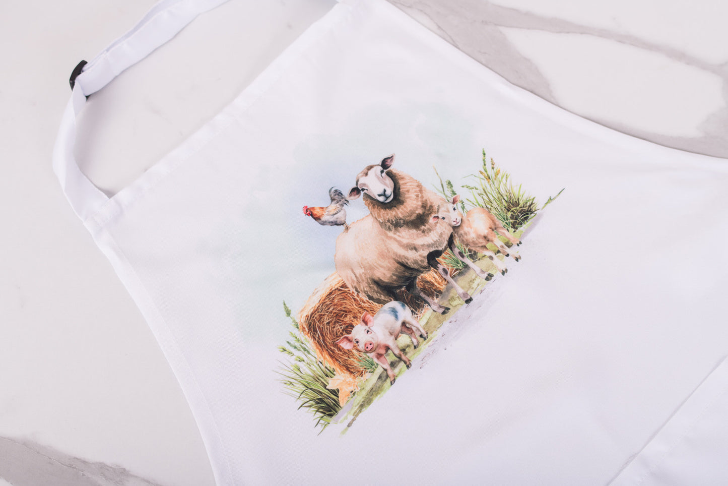 White farmhouse apron with farm animal scene on bib