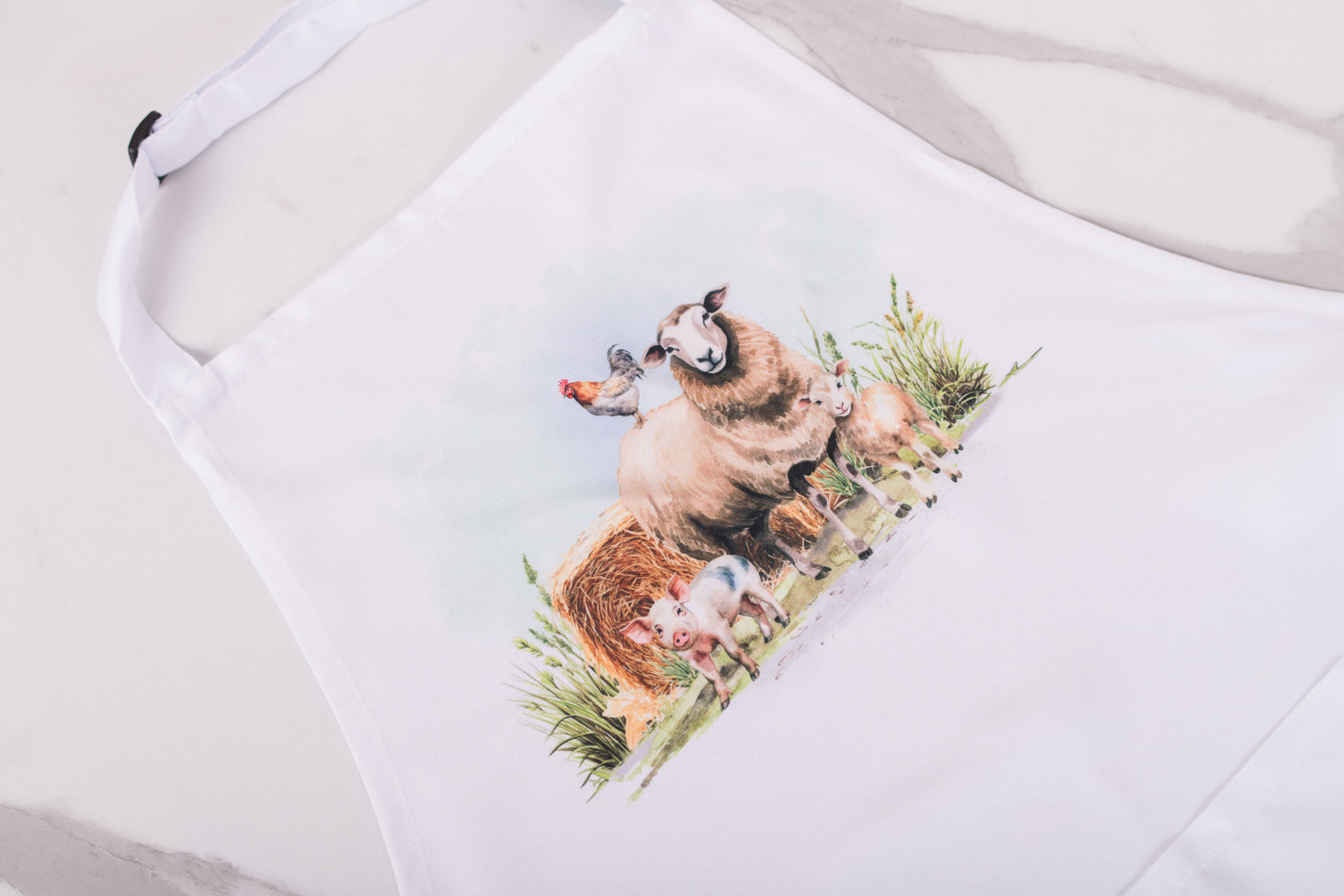 White farmhouse apron with farm animal scene on bib