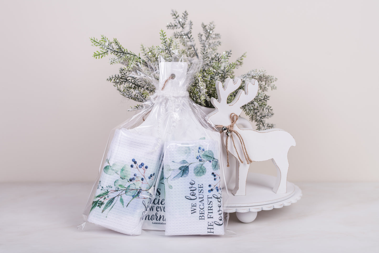 Scripture tea towels and trivet styled for Christmas or housewarming gift