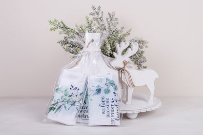 Scripture tea towels and trivet styled for Christmas or housewarming gift