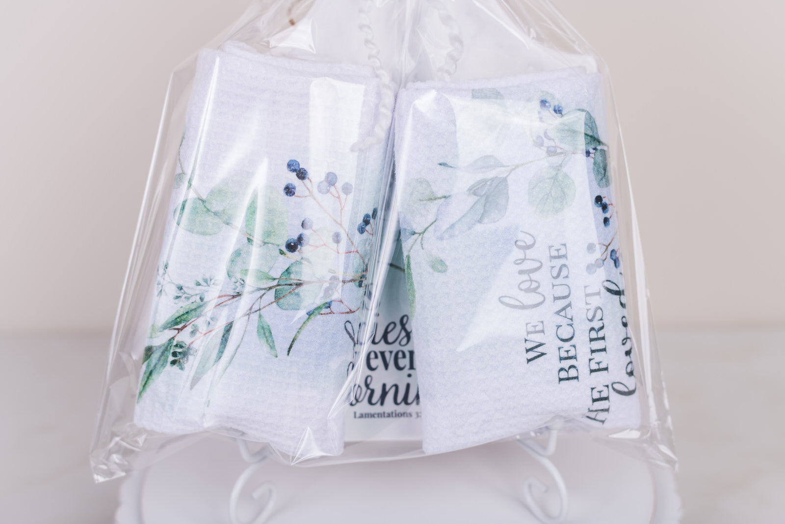 done for you, gifting, two tea towels, and a ceramic trivet in a cellophane bag 