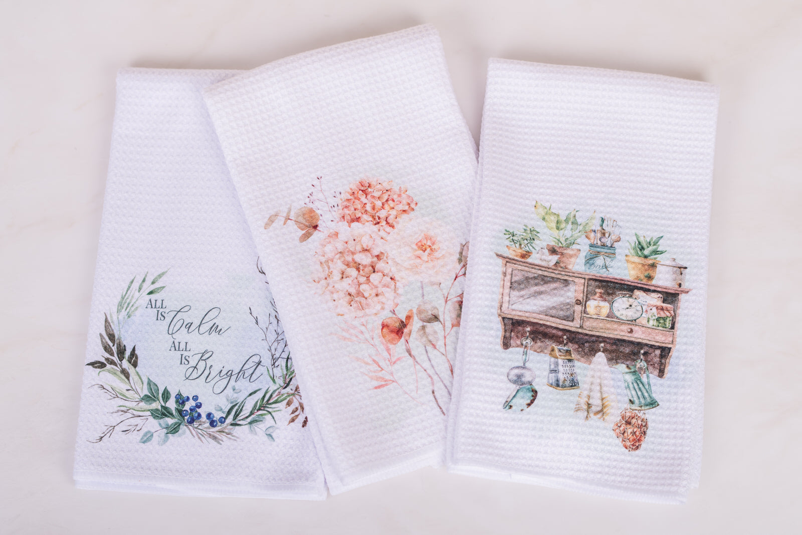  seasonal variety, tea, towel, gift set styled on the kitchen counter 