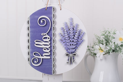 round hello sign with lavender bundle and scalloped detail